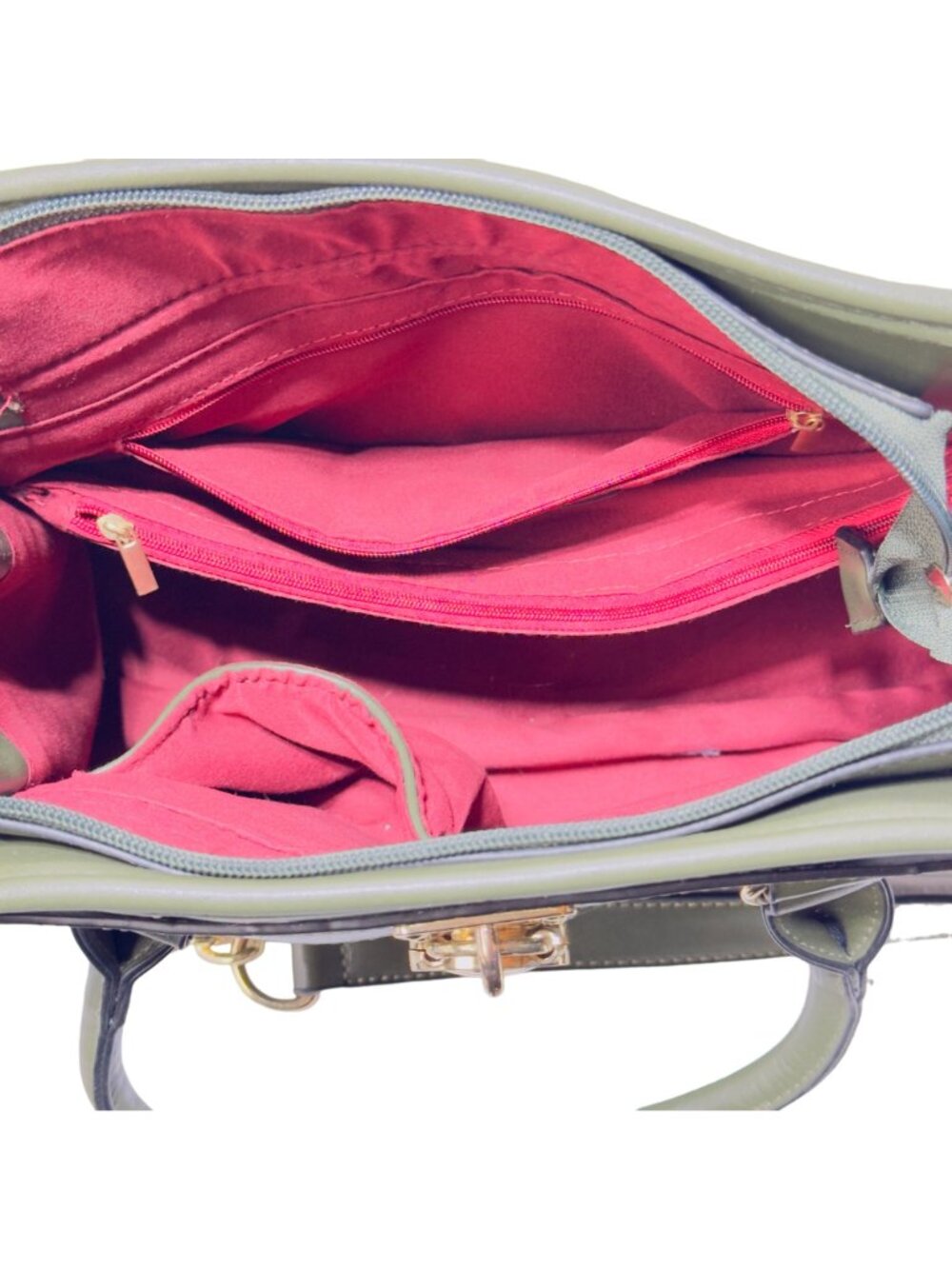 Dasein Vegan Leather Green Satchel Handbag With Gold Chain Strap Red Lining & Mu - Picture 11 of 13